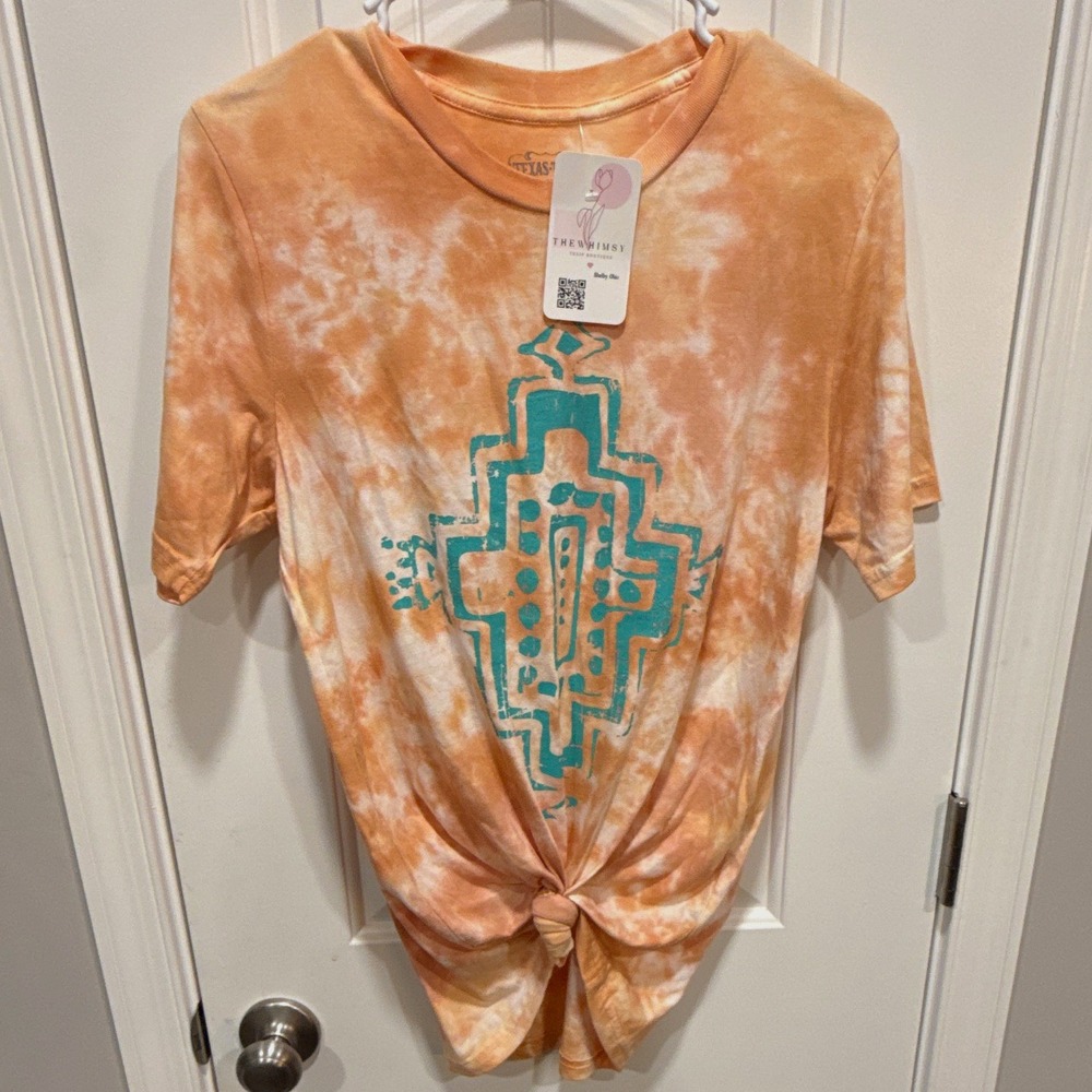 Texas True Women's Peach Tie Dye Graphic Knot Front Crew Neck Tee, M